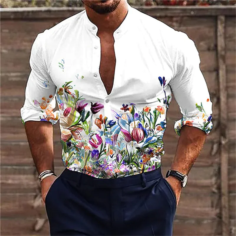 

Fashion Men's Floral Cotton Elastic Lapel Shirt Casual Festival Outdoor Street Blue Purple Button Top Plus Size New 2026
