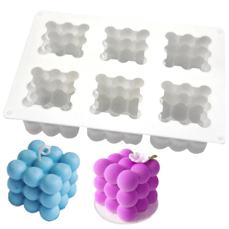 3D Cube 6 Cavity Large Bubble Ball Silicone Candle Mold  Chocolate Mousse Cake Mold Ice Cream Baking Soap Mold Home Decor Gifts