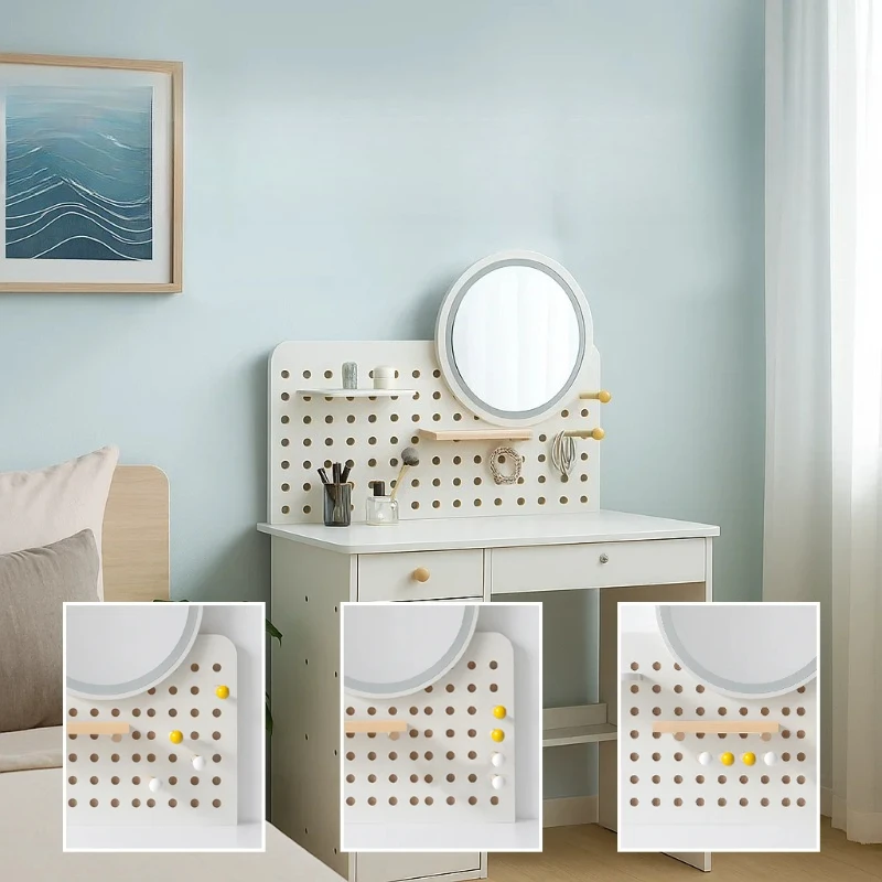 Dressing table, dressing table with mirror, bedroom table with drawers and open pegboard, bathroom  table