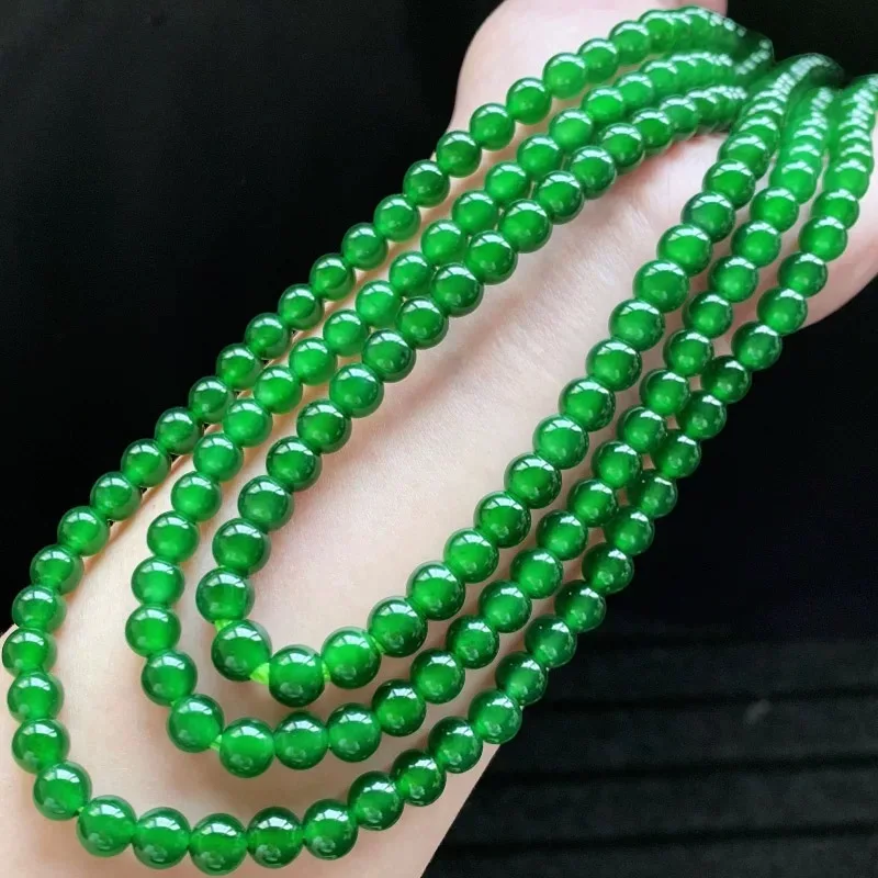 

850.00 Cts Earth Mined 3 Strand 8mm Emerald Round Carved jade Beads Necklace 18”-20“inch