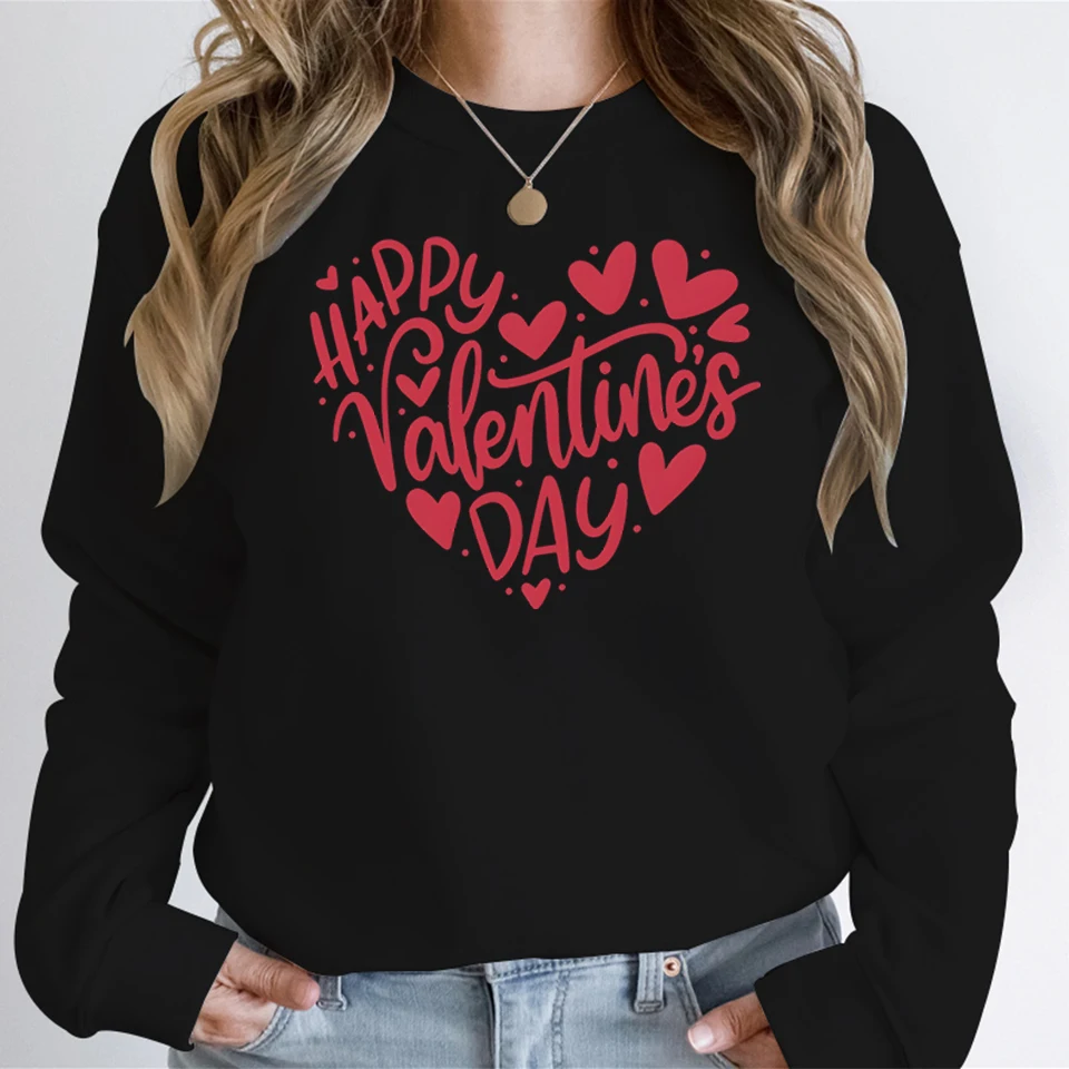 Happy Valentine's Day Sweater Pink Love Heart Letter Print Women's Sweatshirt Hoodie Funny Cute Valentines Day Gift for Womens