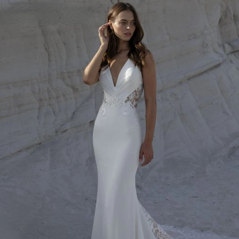 Sexy Meerjungfrau Brautkleider V-ausschnitt Spitze Appliques Illusion Tasten Zurück Satin Formale Brautkleider Vestidos De Novias