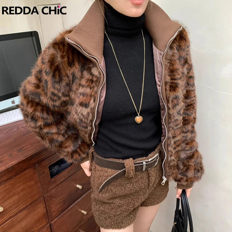 REDDACHiC Women Cropped Leopard Faux Fur Coat Turtleneck Zip-up Shaggy Thicken Warm Bomber Jacket Vintage Harajuku Outerwear