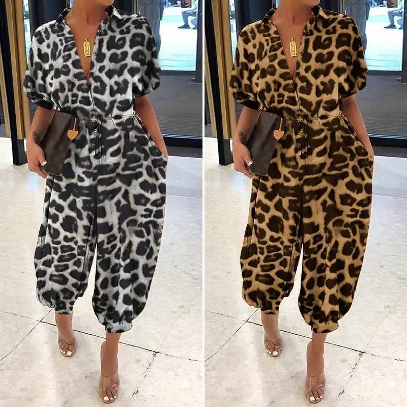 Summer Fashion V-Neck Button Lace-Up Jumpsuit Short Sleeve Loose Playsuit Overalls Women Elegant Leopard Print Pocket Rompers