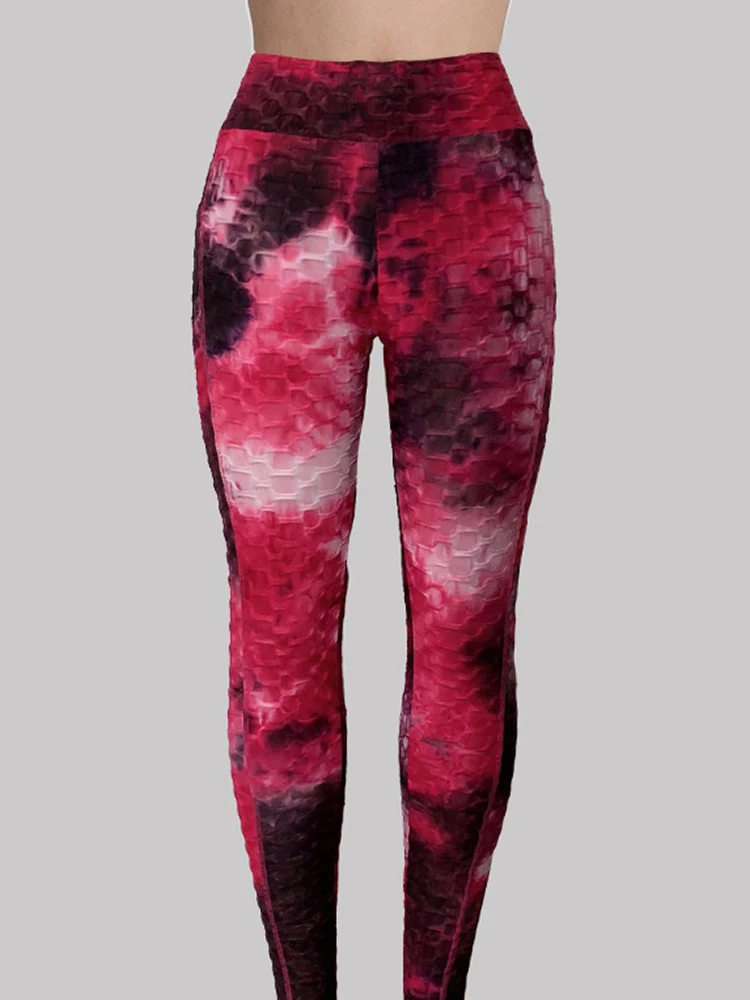 Meias esportivas tie-dye para mulheres, leggings de cintura alta com bolsos, malha, elástico, push up, corrida, yoga, ginásio