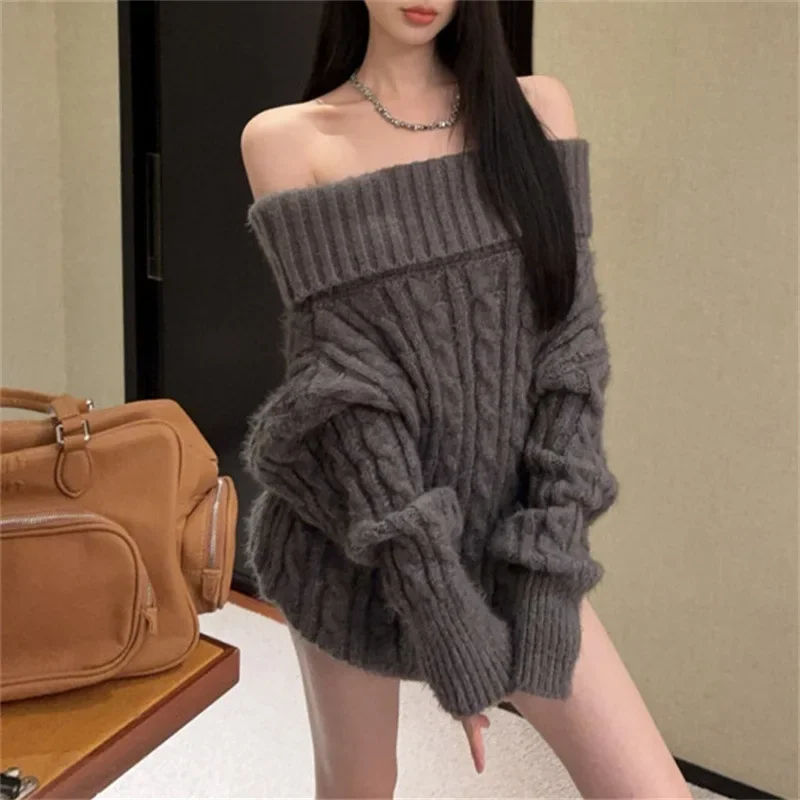 

Long Sleeve Knit Sweater Loose Versatile Thickened Top Women Trendy 2025Winter New Korean Style Lazy One-Shoulder