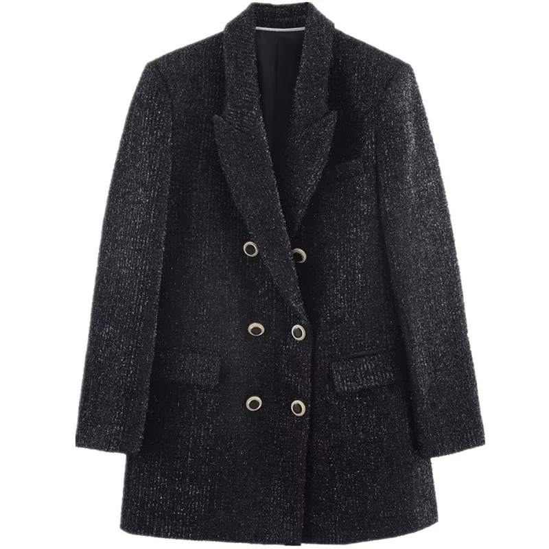 2025 خريف شتاء جديد Sle المرأة ركاب مزدوجة الصدر المعادن اللون Tead دعوى Jaet تنوعا طويلة Sve مكتب ارتداء