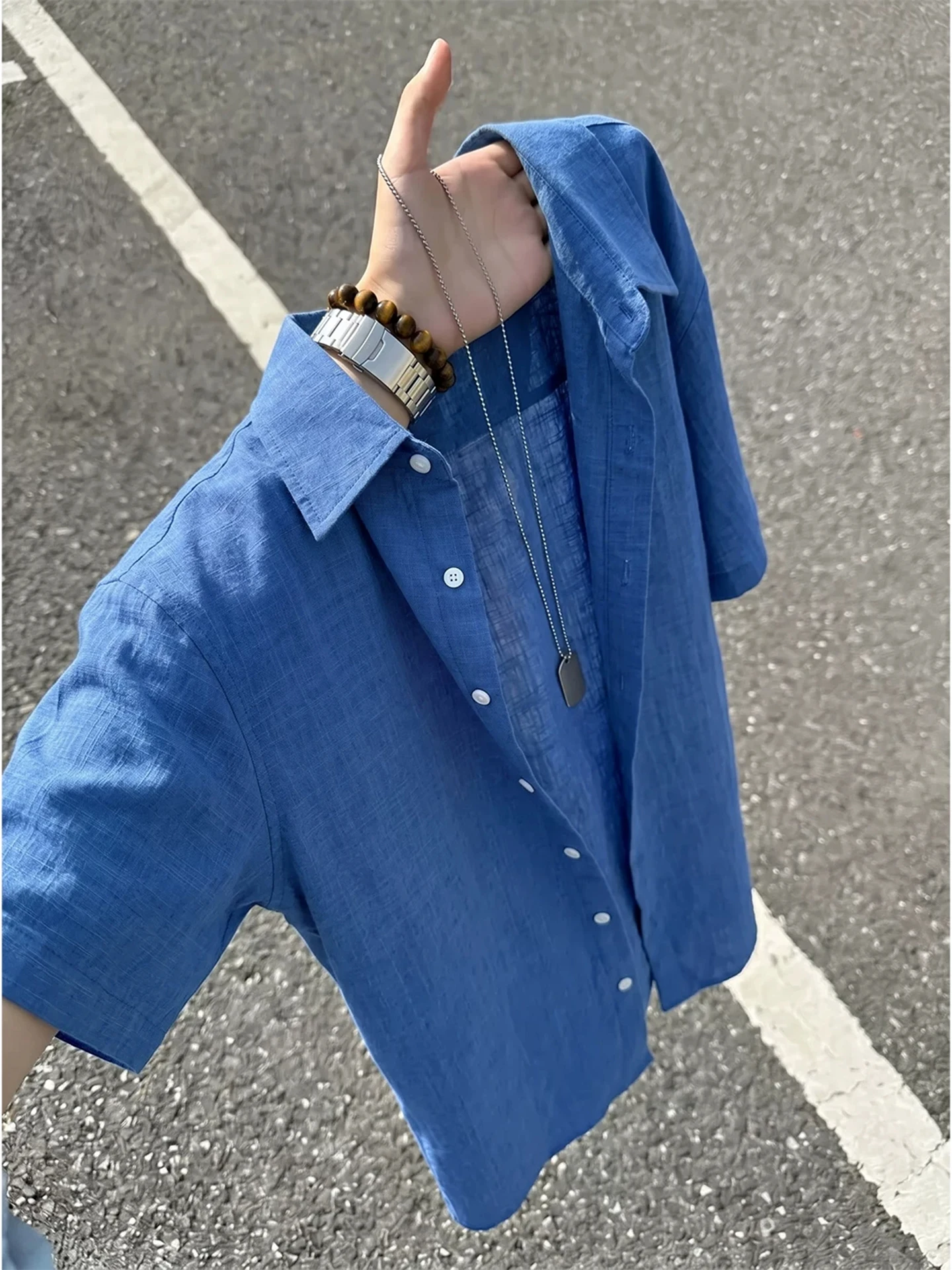 Cleanfit Ice Silk Linen Cotton Blend Men's Short Sleeve Shirt Lightweight Breathable Klein Blue Summer Casual Wear