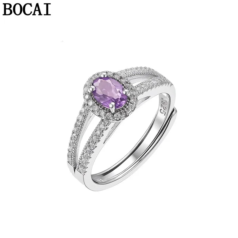 

BOCAI New S925 Silver Exquisite and Versatile Natural Amethyst Engagement Ring Women's Choice Gift