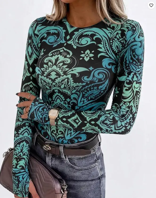 Women's Fashion Vintage Print Long Sleeve Top 2026 New Slim Fit Crewneck Tee Retro Stretchy Base Layer Shirt with Thumb Holes