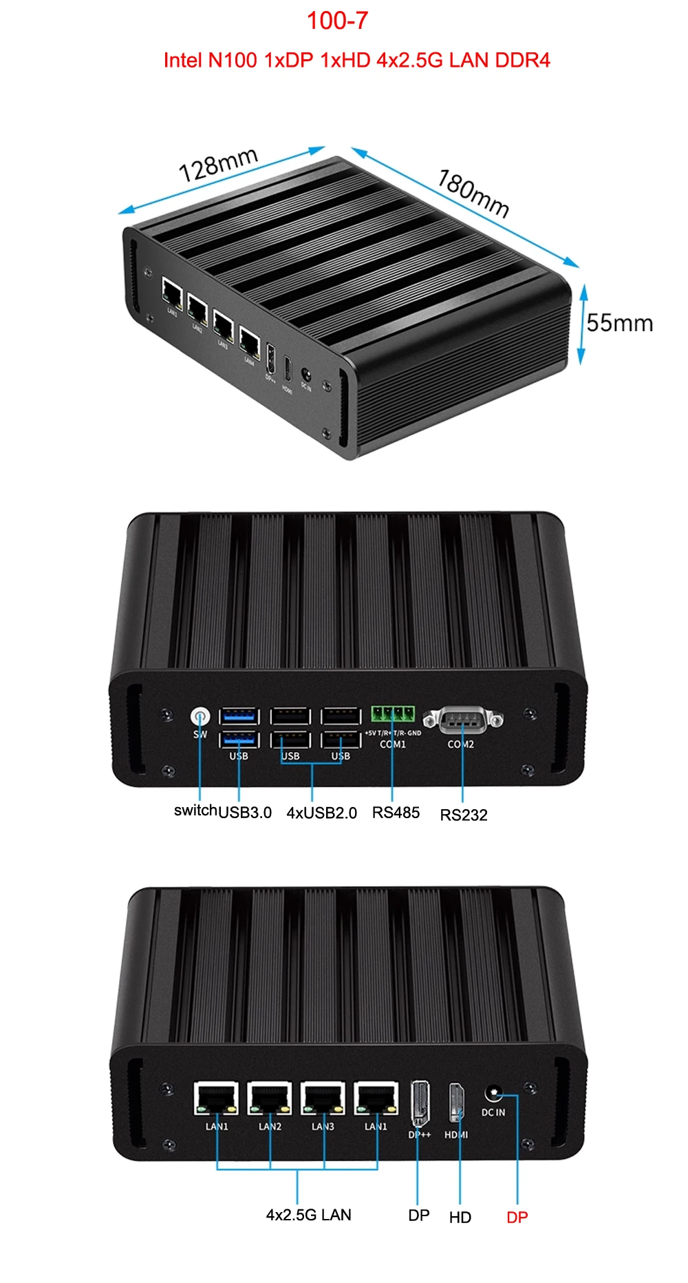 คอมพิวเตอร์ขนาดเล็กแบบไม่มีพัดลม Kingdelnuc รุ่น Diversified ใช้ชิปประมวลผล Intel เจนเนอเรชั่น 12 รุ่น N100 รองรับพอร์ต LAN 4 ช่อง, พอร์ต LAN 2 ช่อง, พอร์ต COM 2 ช่อง รองรับการแสดงผลภาพ 3 จอ ใช้เป็นคอมพิวเตอร์ตั้งโต๊ะและเราเตอร์ซอฟต์แวร์ไฟร์วอลล์