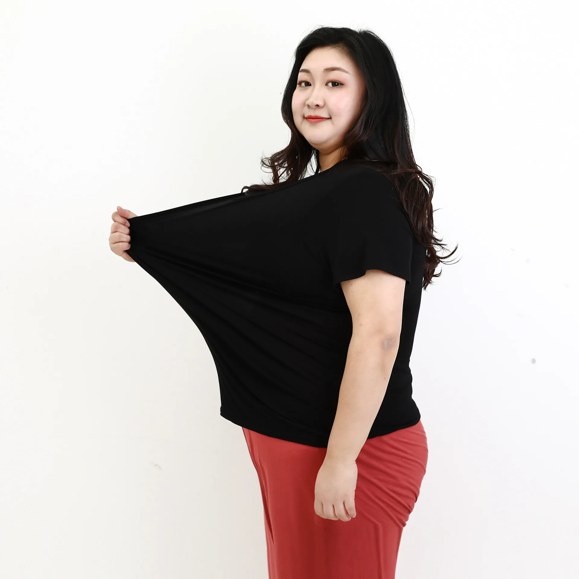 Kaos Modal ukuran besar XL sampai 6XL, Kaus wanita lengan pendek warna polos leher O, atasan Tee longgar kasual bottoming