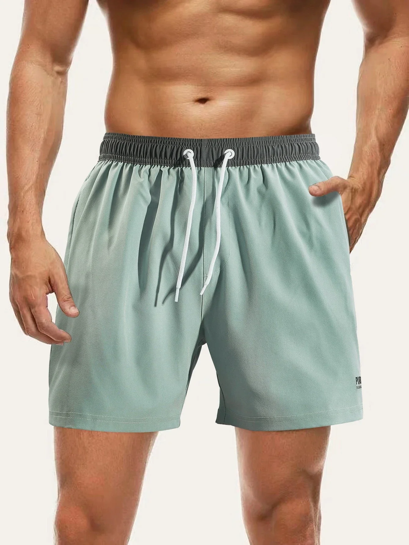 

Men Drawstring Waist Swim Trunks With Compression Liner Solid Color