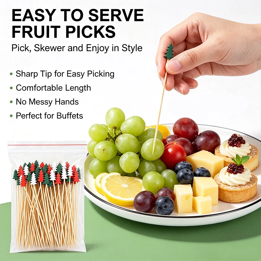 100PCS Disposable Christmas Tree Cocktail Picks, Colorful Decorative Bamboo Sticks, Holiday Food Garnish for Xmas Gathering, Fruit, Desserts, Drink Decoration - view 7