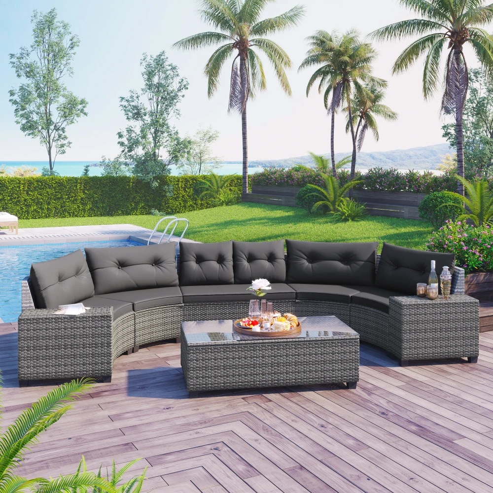 

Outdoor half moon willow combination all-weather sofa set with rectangular coffee table, movable cushion, gray
