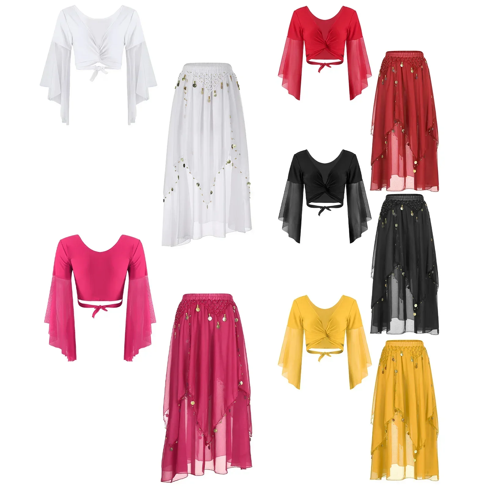 

Women's Belly Dance Dance Suit Practice Clothing Sexy Mesh 3/4 Flare Sleeve Crop Top and Belly Beaded Skirts Belly Dance Outfits