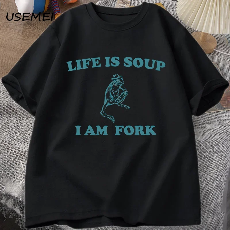 

Life Is Soup I Am Fork Frog Graphic T Shirt Cotton Unisex Funny Retro T-Shirt Summer Animal Printed Tshirt Frog Meme Tees