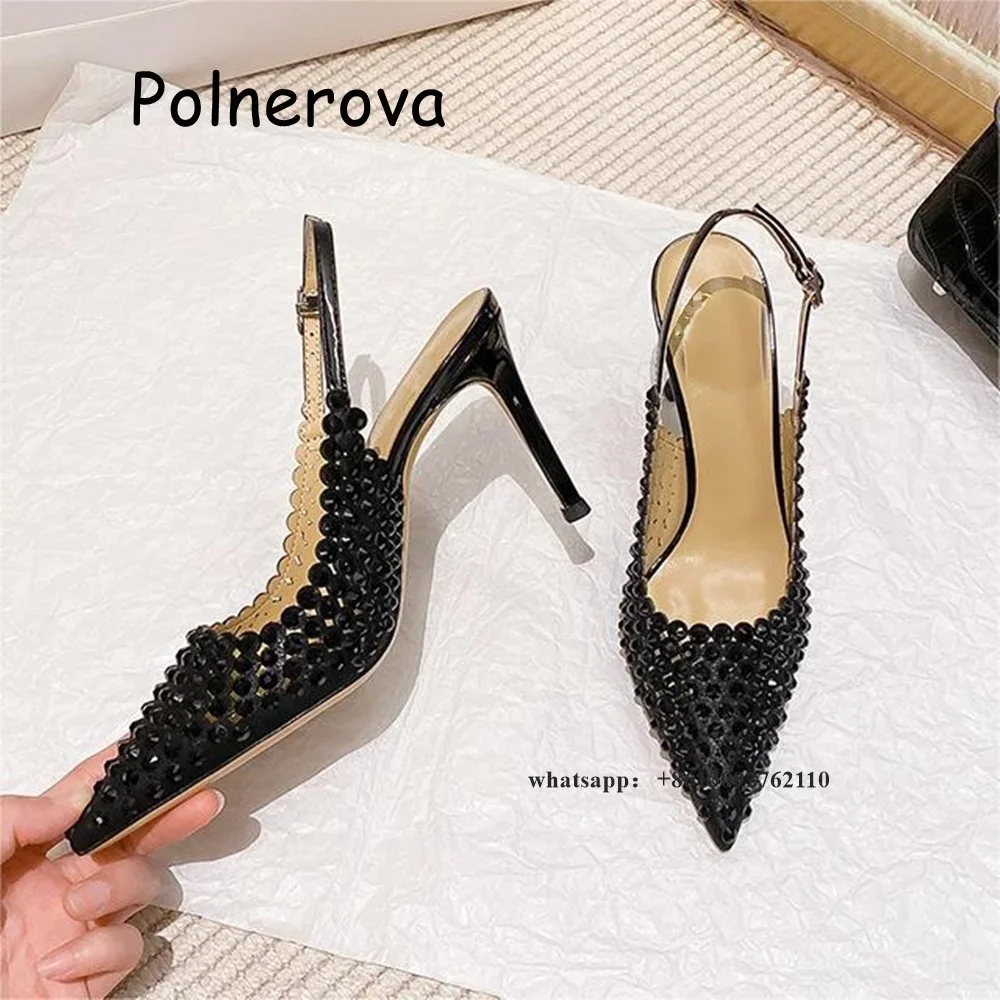 

Босоножки с острым носком со стразами, женская обувь на тонком каблуке, летняя вечерняя обувь с ремешком на спине, модная роскошная обувь с ремешком на спине и глобальной пряжкой, одно слово