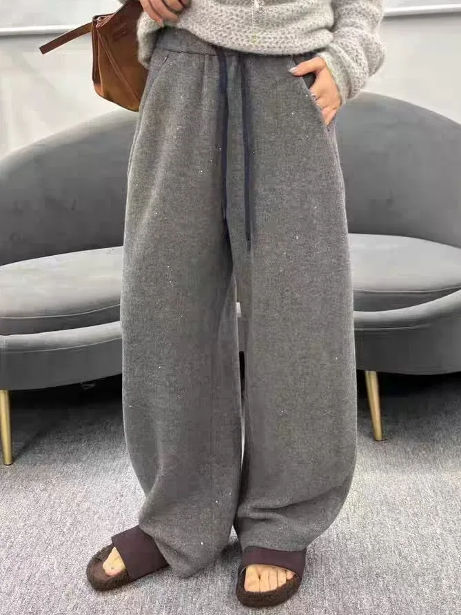 iny Fce Lined Wide Leg Floor Length Pants Casual Bright Sequin Autumn Winter Sle Comfortable Breathable Women's Trousers
