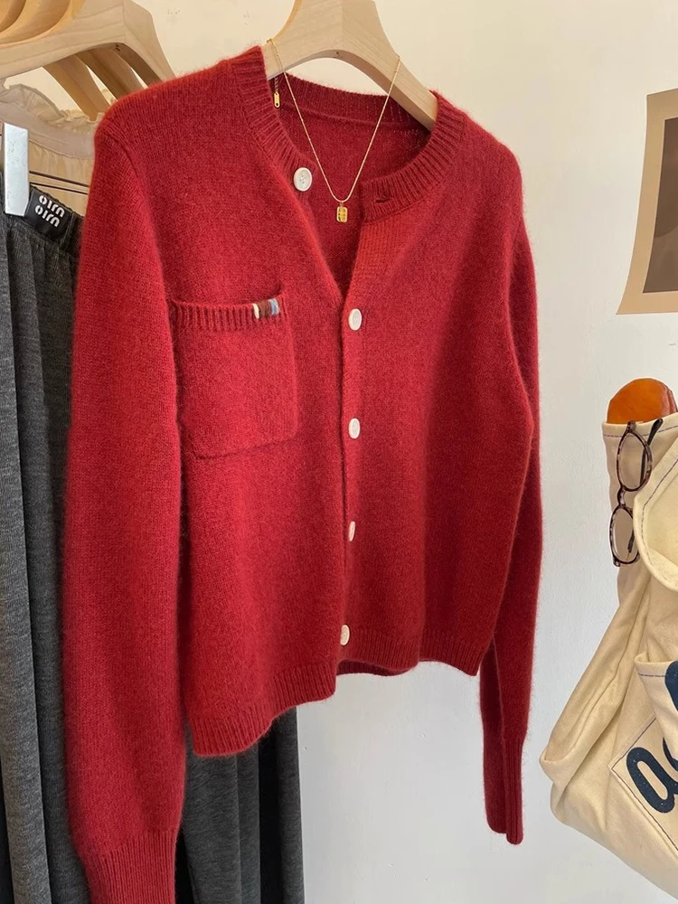 

Корейский шерстяной вязаный кардиган премиум-класса, мягкий шикарный зимний красный свитер, верхняя одежда, длинный свеч, стандартный крой, для поездок на работу, мода