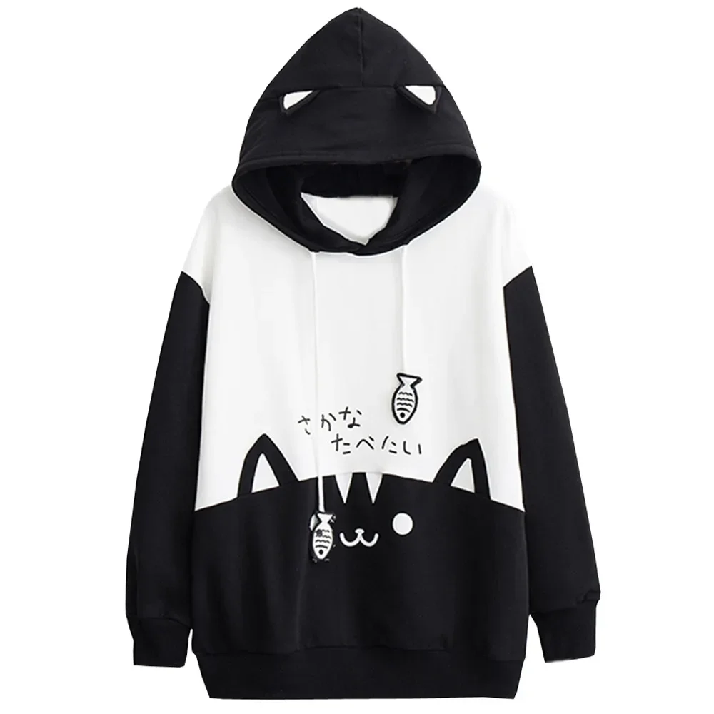 Y2K 여성용 만화 고양이 후드 하라주쿠 스타일 긴 소매 운동복 캐주얼 streetwear 풀오버 drawstring hood