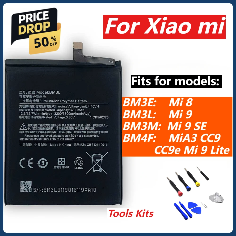 New BM3E BM3L BM3M BM4F Battery for Xiaomi Mi 9 /Mi 9 Lite A3 CC9/CC9e / 9 SE / 8 / Phone Batteries+Tools Kits