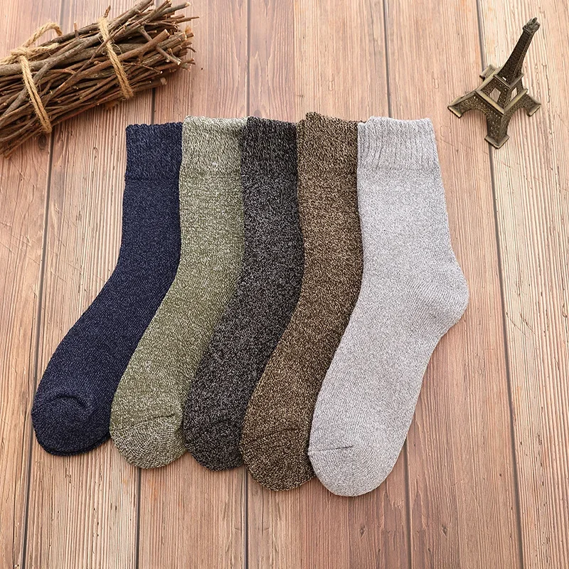 5 Pairs Cold Season Cozy Mens Socks Wool Unisex Hosiery Extra Thick Solid Color Merino Wool Socks Anti Freeze Plush Terry Socks