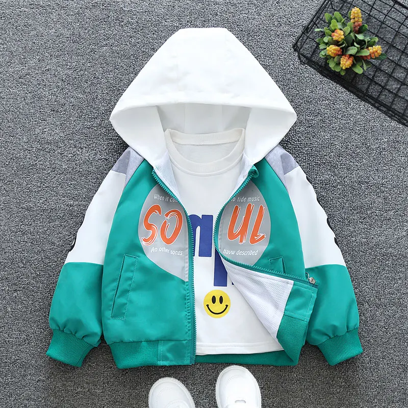 2024 Spring and Autumn Boys and Children\'s Casual Color Block Letter Long sleeved Hooded Zipper Coat Children\'s Clothing 1-8Y