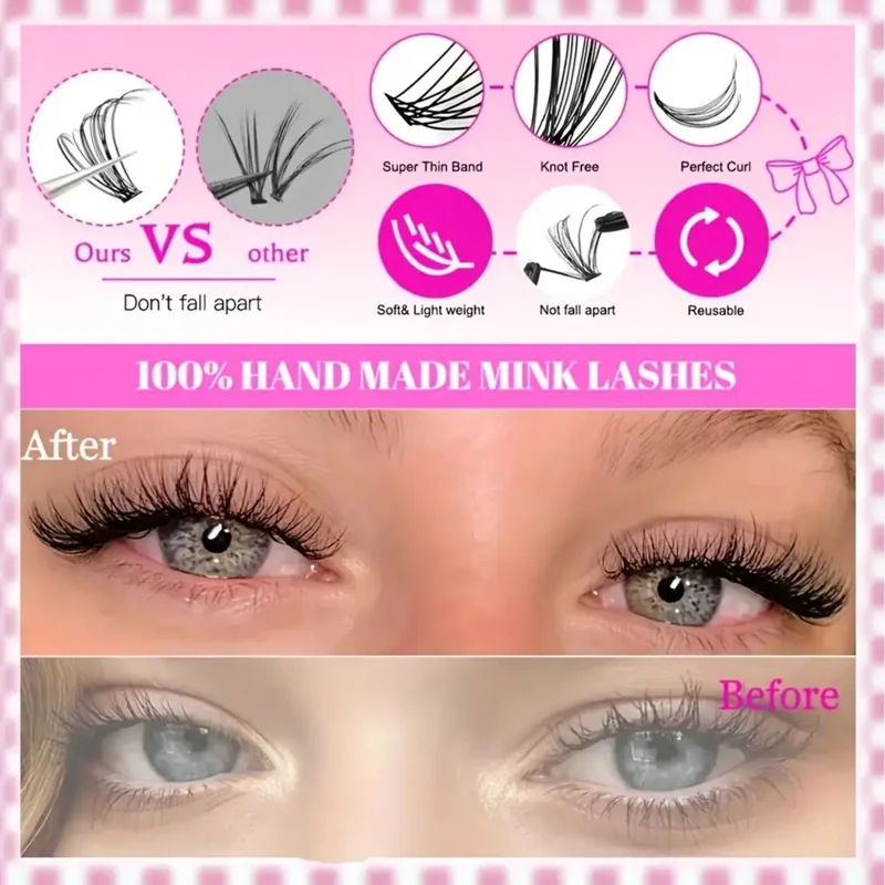 30/40/50/60/80/100D, 두께 9-16mm 핑크 래쉬 북 스타일 키트 D-컬 풀 볼륨 롱래스팅 플러피 & 위스피 볼드 속눈썹 연장