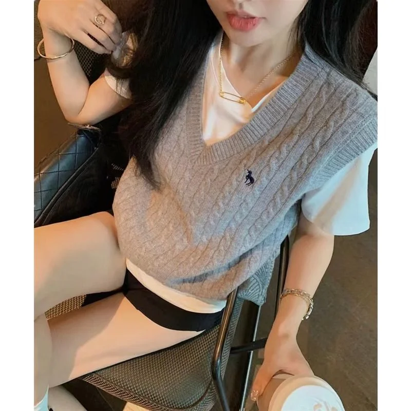 Suéter con cuello en V para mujer, chaleco liso sin mangas estilo Preppy, chaleco de punto dulce, Jersey informal para mujer, chaleco para Otoño e Invierno