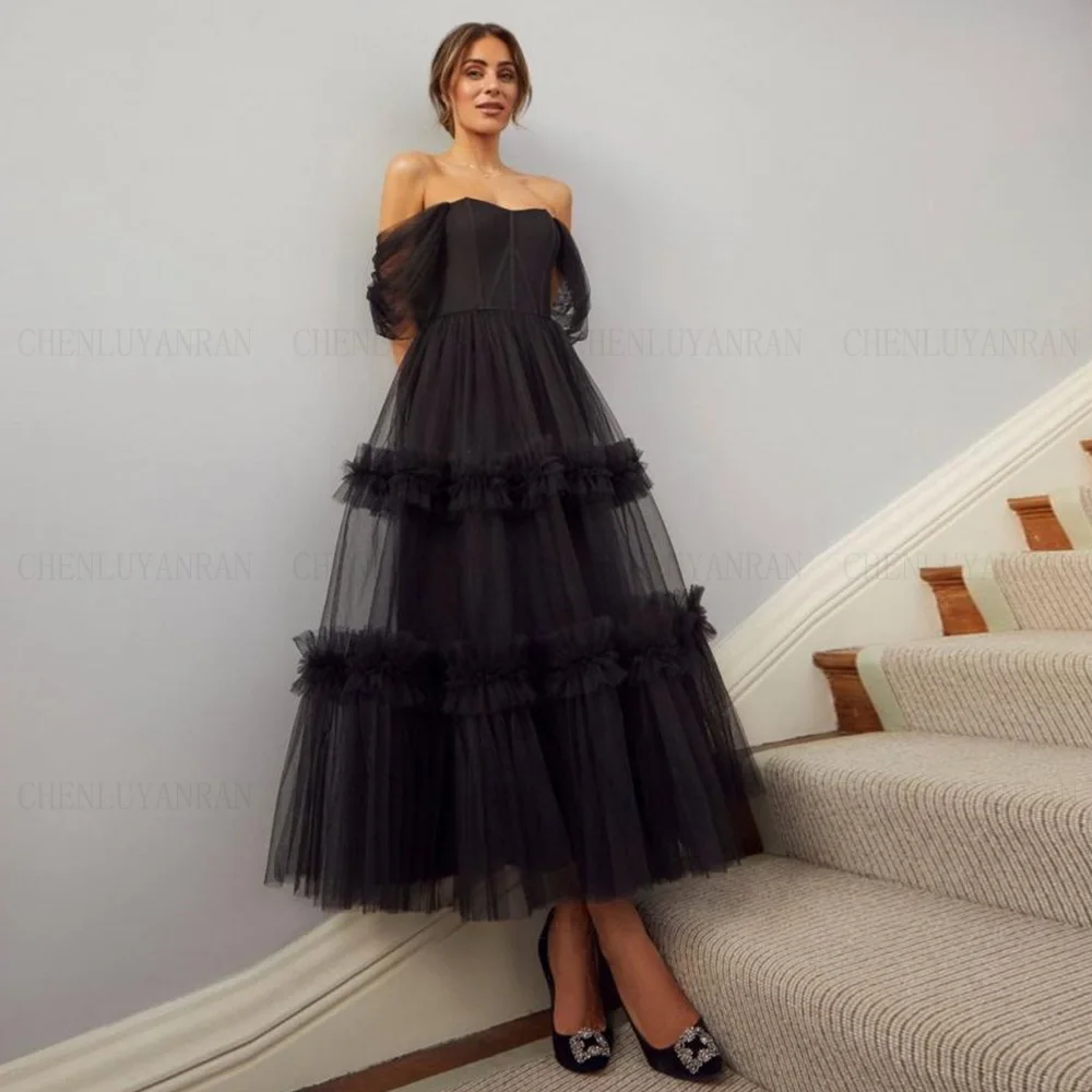 

Black Tea-Length Formal Occasion Dresses 2024 Off-The-Shoulder Tulle Party Dress A-line Puffy Evening Gowns فساتين مناسبة رسمية