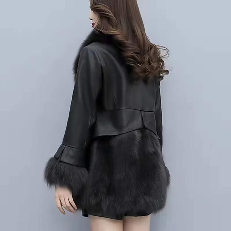 2024 Women Mid-Long Style Faux Fur Jacket Winter Female Pu Leather Splicing Fur Outwear Ladies Long Sleeve Thicken Warm Fur Coat