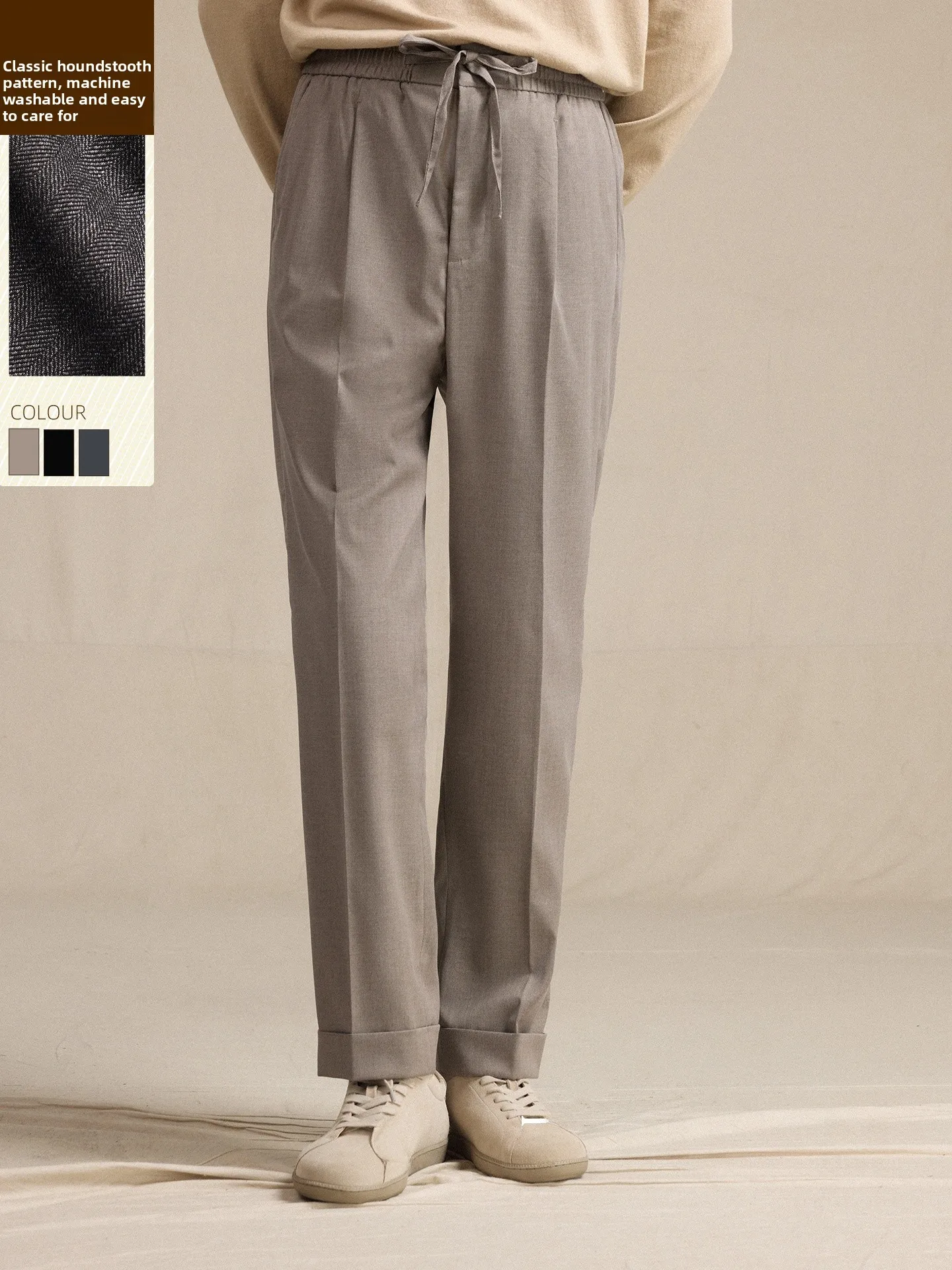 Cultum Men's Business Casual Pants Anti-Wrinkle Elastic Waist Travel Comfortable Autumn Winter Plaid Drawstring Trousers