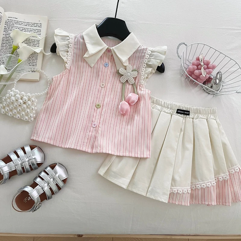 

Girls' Suit Summer New High Waisted Sweet Lace Top+spliced Skirt Two-piece Set Kids Clothes Girls