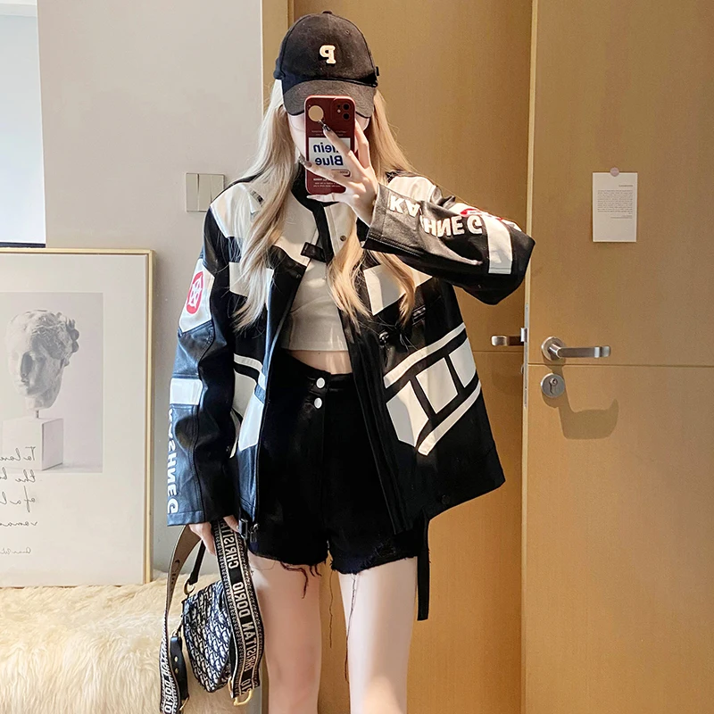 

2023 Autumn New Sle Women's Retro Motorcycle Jaet Leather Coat American Racing Riding Clothes Long Sve Collar