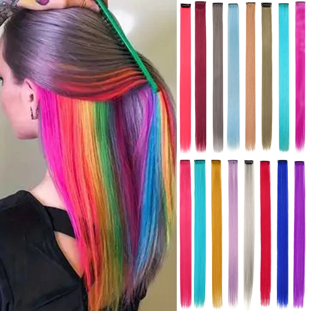 

10PCS/Pack Colored Party Highlights Clip in Hair Extensions for Girls 22 Inches Omber colors Straight Synthetic Hairpieces 2028