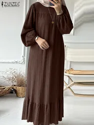 ZANZEA-Vestido Abaya Muçulmano de Manga Longa Feminino, Vestido de Roupa Monocromático, Kaftan O-Decote, Ruffles Hem, Moda Feminina, Túnica Turquia