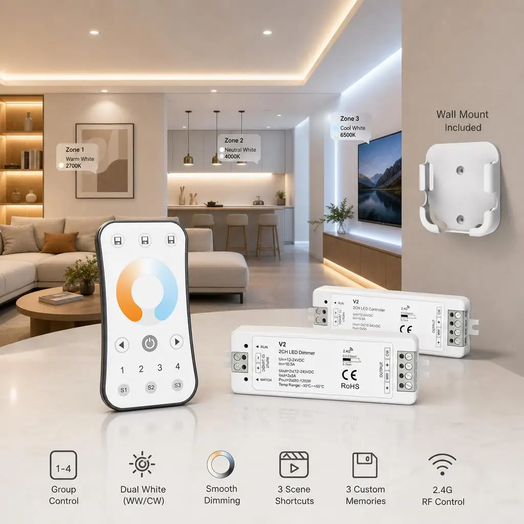 Skydance DC5V-24V V2 R7-1 R7 RS2 2CH 1- 4Zone Dual Color LED Strip Dimming Kit 2.4GHzRF Remote Control  LED Dimmer Controller
