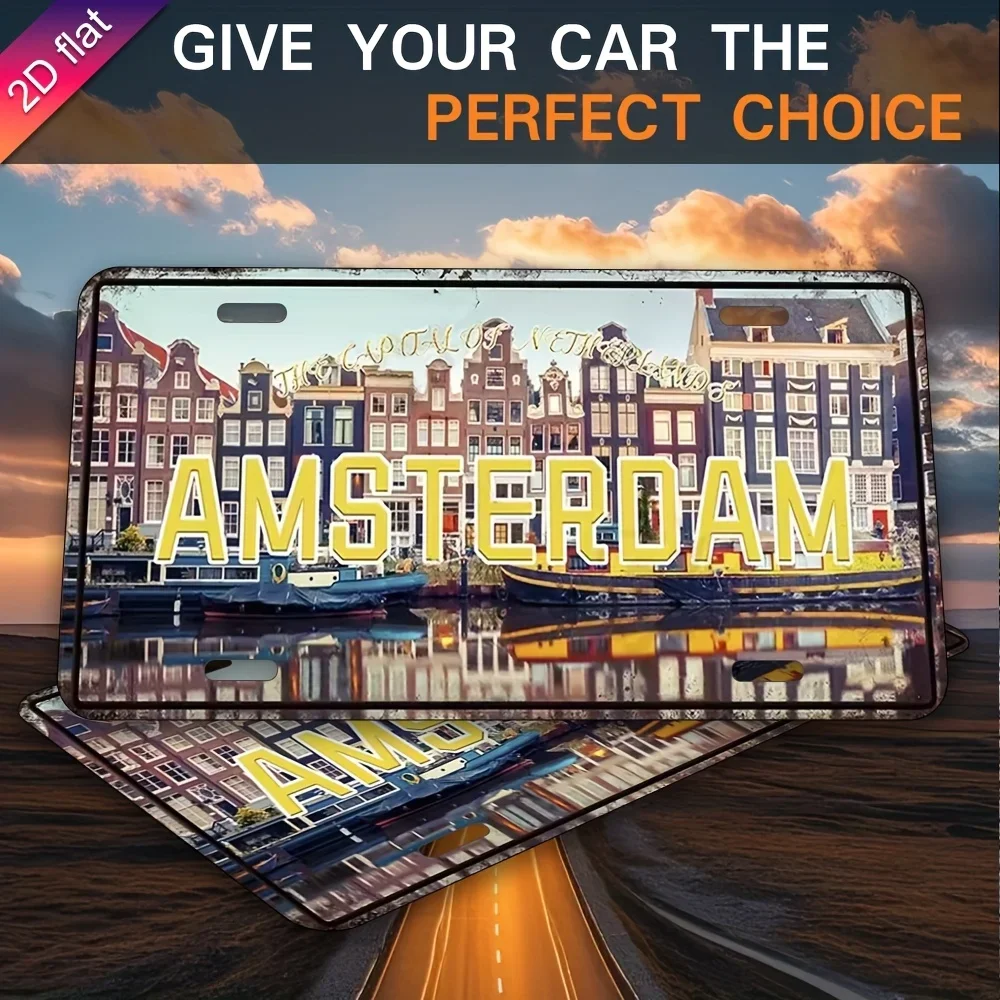 Amsterdam Netherlands License Plate - Heavy-Duty Aluminum Metal Wall Decor with Dutch Architecture Design (Canals & Tulips) - UV