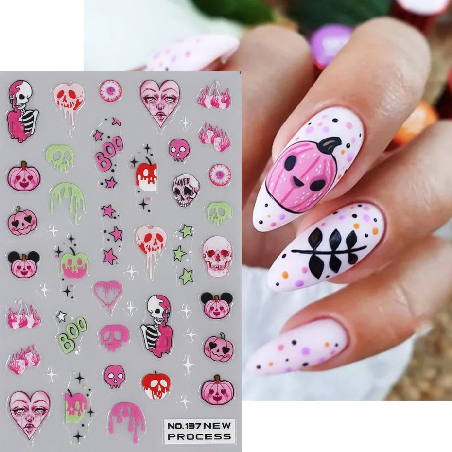 Adesivos para unhas fantasma rosa de Halloween – Decalques DIY para arte em unhas com designs assustadores: esqueletos, morcegos, fantasmas rosa e teia de aranha