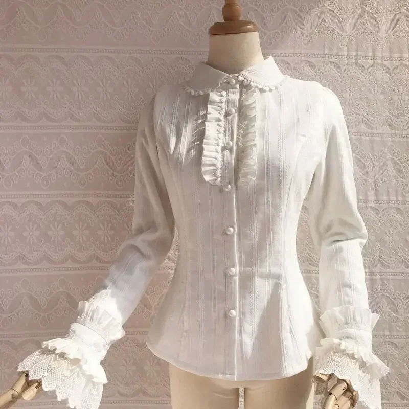 

Sweet Ruffled Fleeced Women's Blouse Long Sleeve Button Down Cotton Lolita Shirt