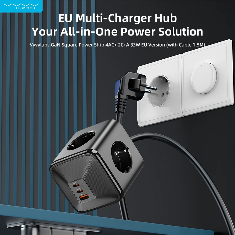 

Vyvylabs Wall Charger Power Strip Adapter Plug 4AC 2 USB-C and 1 USB-A Port 4ft/1.2m Undetachable Extension Cord for Home/Office