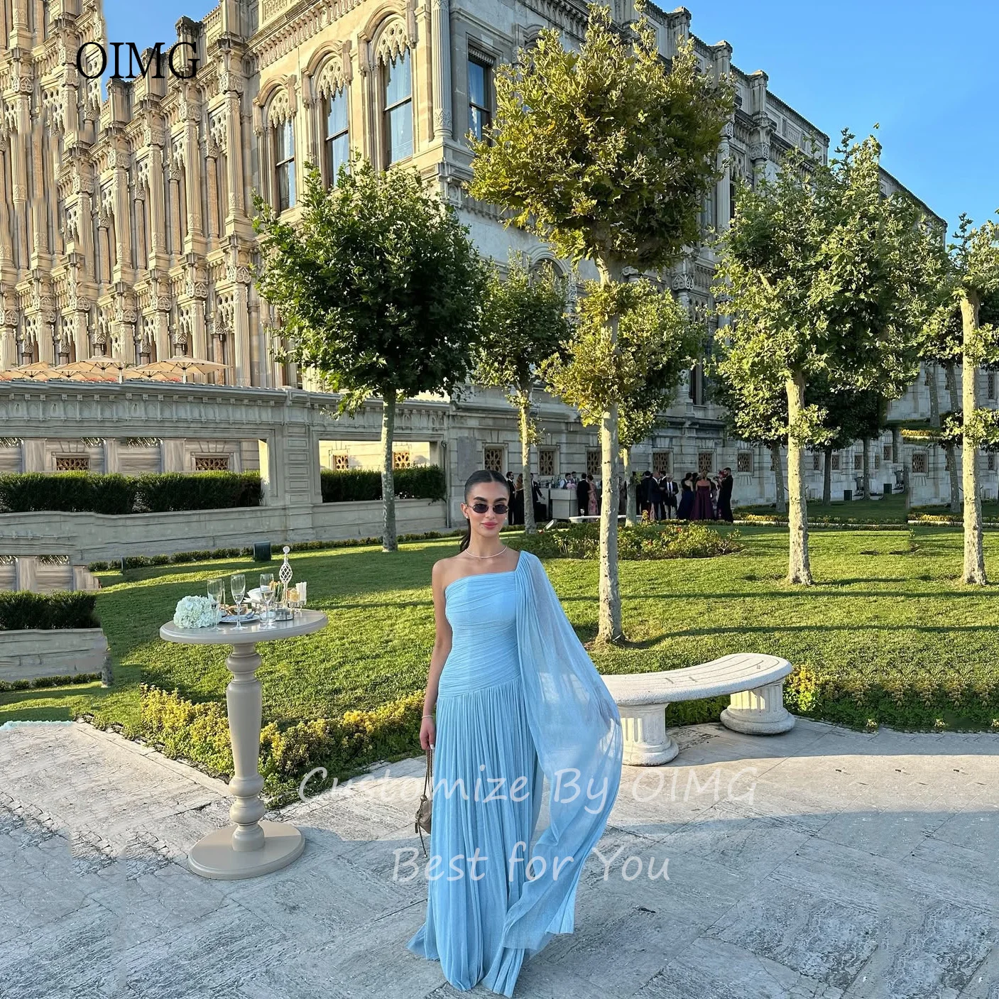 Oimg cintilante azul uma linha vestidos de baile um ombro plissado vestido de festa até o chão vestido de noite vestidos de festa personalizado