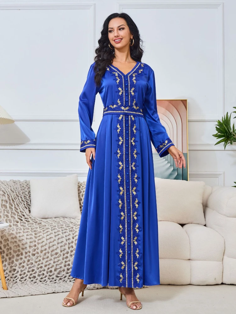 Eid Ramadan Embroidery Muslim Dress Women Jalabiya Abaya Morocco Party Dresses Belted Vestidos Largos Kaftan Islam Dubai Arab