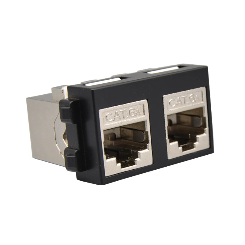 2 Ports Pass Through CAT6A RJ45 Shield Socket Module In Black Color 23x36mm Female CAT.6A Ethernet Plug Slot