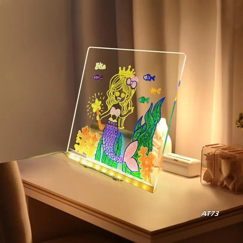 LED発光ドローイングボード ナイトライト付き カラフル7ペン DIY消せるレターメッセージボード 子供誕生日プレゼント 20X20cm