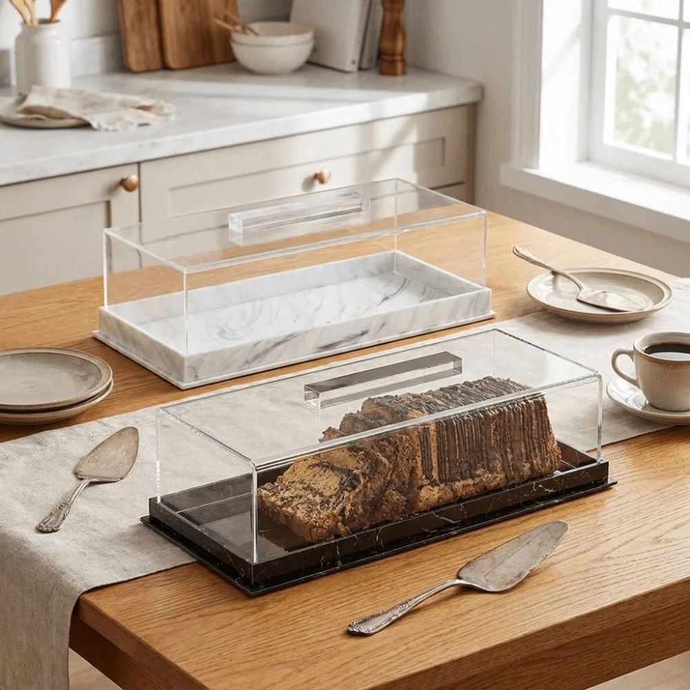 Marbled Pattern Rectangular Acrylic Bread Box Dust-proof Non-slip Bottom Cake Packaging Box with Clear Lid Cake Display Tray