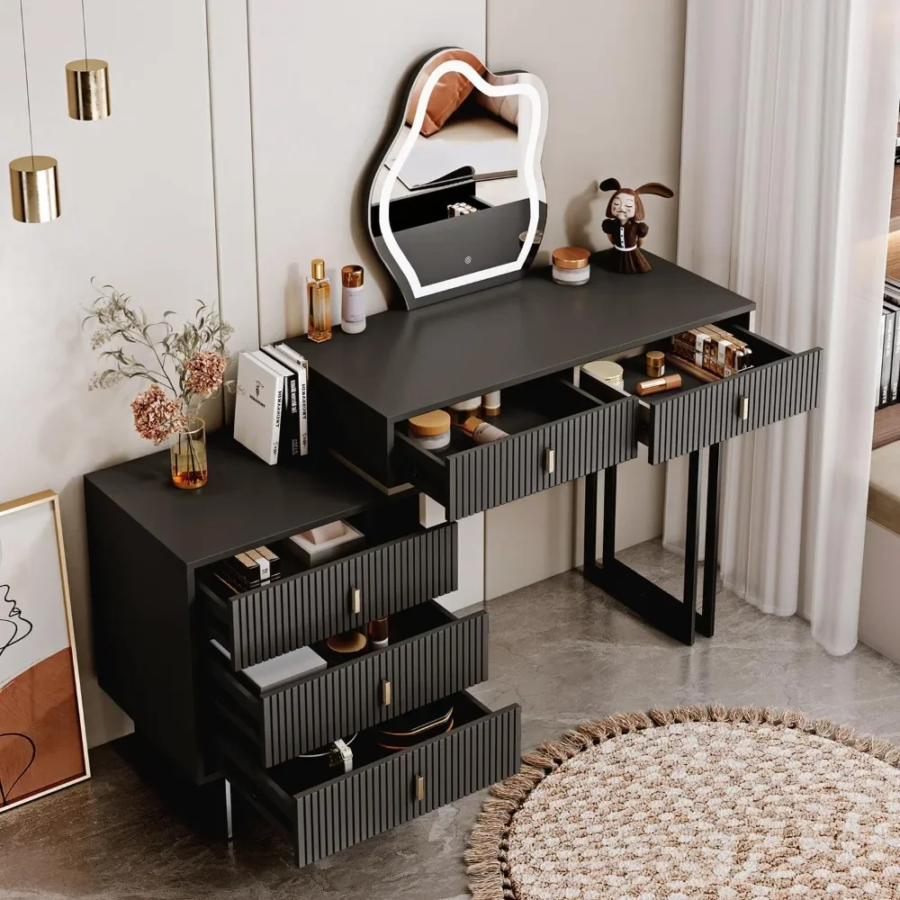 With Lighted Mirror and 5 Spacious Drawers Drawer Bedroom Essential for Girls and Women Dressing Table Stool Toilet Makeup Desk