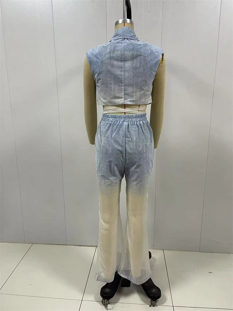 KEYANKETIAN صيف جديد المرأة التدرج اللون الدانتيل يصل سترة بلا أكمام مرونة الخصر مضيئة السراويل الترفيه نمط قطعتين رقيقة