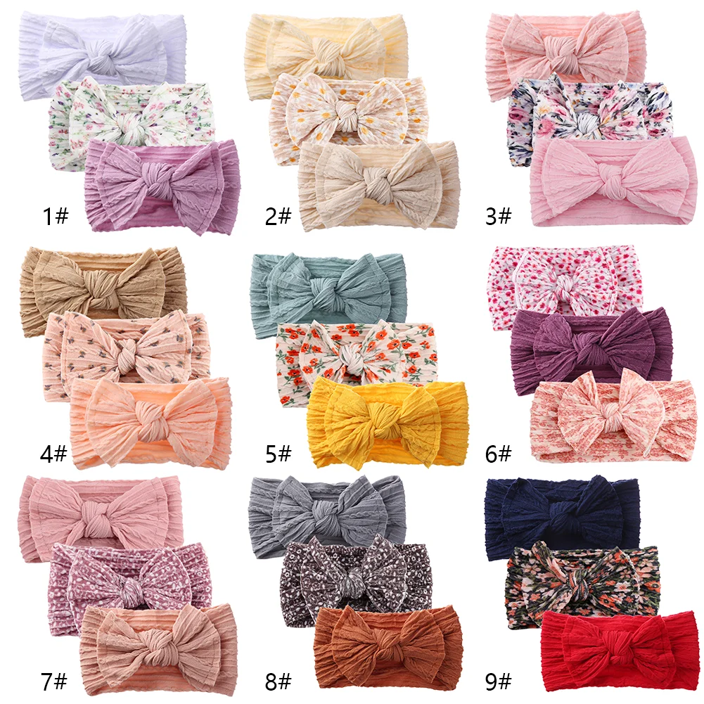 Ensemble de 3 bandes de sauna en nylon souple pour nouveau-né fille, nœud de cheveux, imprimé AndrFlower, haut nœud, haute élasticité, enveloppes